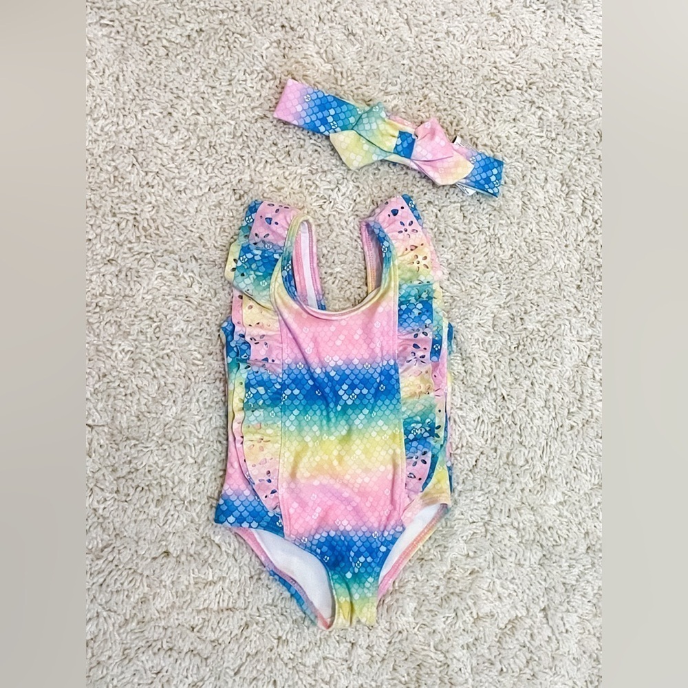 Hurley | Baby Girl Multicolored Mermaid Print Swimsuit & Matching Bow